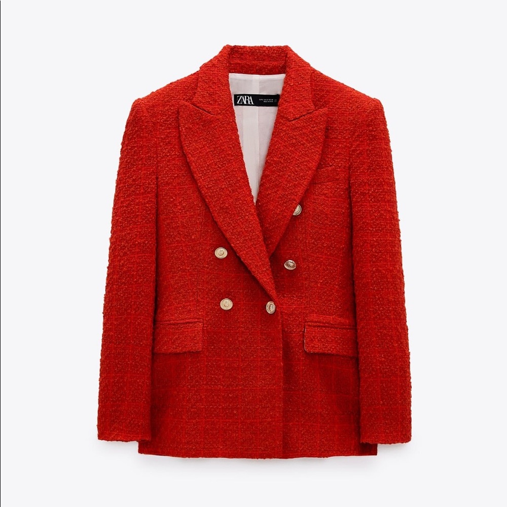 Zara Red Double-Breasted Tweed Blazer